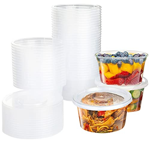 Surflyee 50 Piezas Tarros de Plastico con Tapa Pequeños, 450ML Reutilizables Recipientes Comida, Indicado para Salsas, Sopas, Condimentos, Cremas, Cuadros de Diamantes, Manualidades, etc