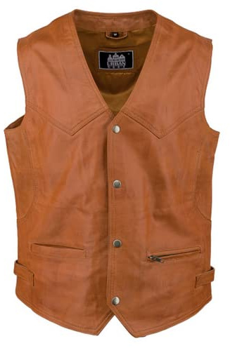 URBAN 5884 Bikergilet av äkta läder, bekväm fårpäls, bikergilet med knappstängning, konjak, XL