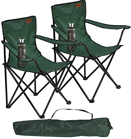 Rainberg Folding Camping Chairs, Comfortable Heavy Duty Structure, Extra Wide Garden Chair with Hard Armrest, Foldable Fishing Chair Outdoor Fold up, Cup Holder with Carry Bag. (Pack of 2, Green)