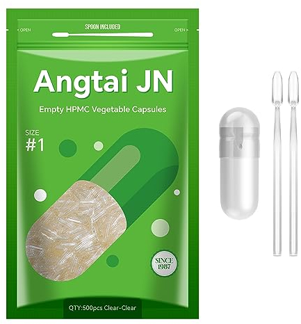 Angtai JN Gélules Vides Végétales à Remplir Taille 1 (500 unités) Capsule Vide avec Micro Cuillère,Certifié Casher,Halal,Empty Capsules Compatible avec la Machine de Remplissage de Capsule 1