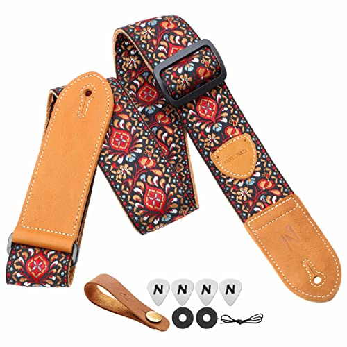 Nefelibata Gitarrengurt,2 Doppelte Lederenden,Vintage Woven W/FREE BONUS-4 Picks+Strap Locks+Strap Button,Bestes Geschenk für Bass,Elektro&Akustik Gitarren für Gitarre(Vintage rot-gelbe Stickerei)