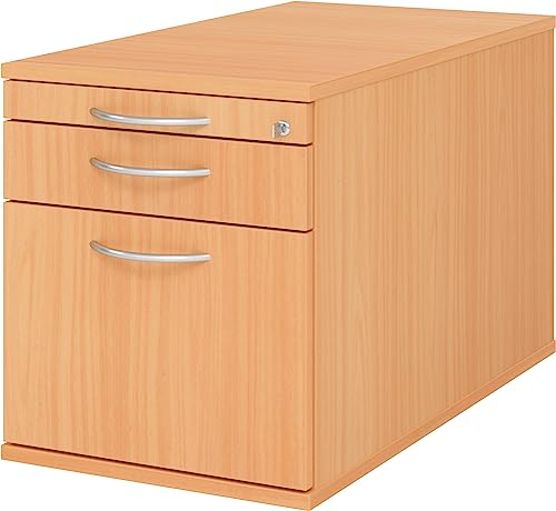 bümö Rollcontainer mit Hängeregister für Hängeordner, Container abschließbar in Buche - Rollwagen mit Hängeregistratur als Schreibtisch Unterschrank od. Bürocontainer m. Bogengriffe