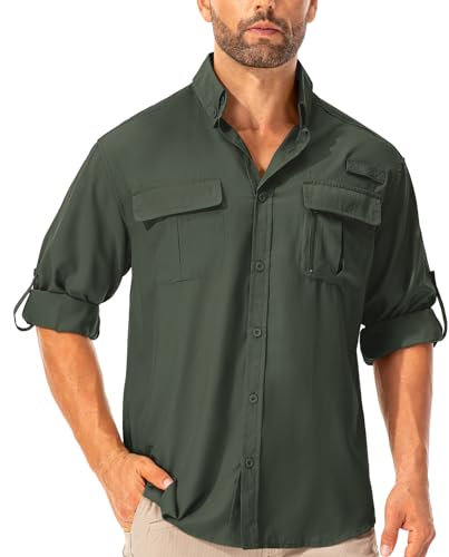 Asfixiado Camisa para hombre Safari UPF50+ protección UV, camisa de senderismo de manga larga, camisa funcional para exteriores, transpirable, de secado rápido, informal, con botones, verde militar, M