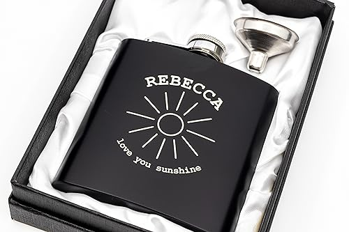 Engraved Hip Flask Gift Set, 6oz, Black/Silver, Personalized Design Options, Funnel Included (Sunshine, 6oz Black)