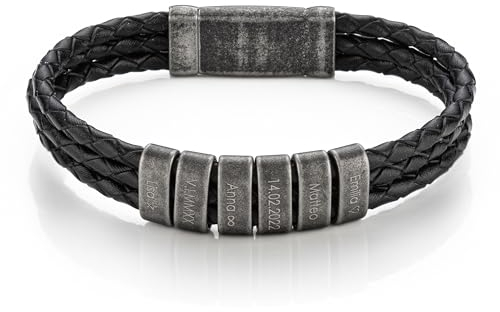 MYCLUSIV® Personalisiertes Lederarmband für Herren mit Namen auf Oxid-Beads - Armband mit Gravur - Geschenk für Männer - Männerarmband - Geschenk für Papa