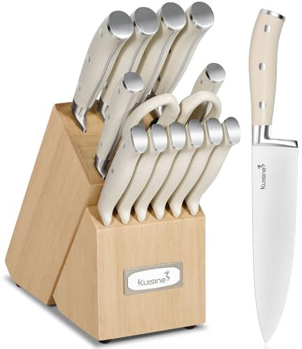 Kuisine Kochmesser-Set, ultra-scharfe Klinge aus Edelstahl mit hohem Kohlenstoffgehalt, ergonomischer Griff, Küchenmesserblock-Set mit eingebautem Schärfer, Ele Geschenk