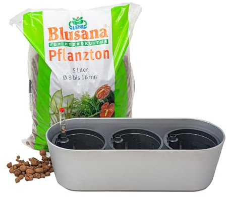Leni Flori Jardiniere Blumentopf länglich 36 cm Silber Hydrokultur-Komplett-Set mit Übertopf Hydro-Töpfen Wasserstandsanzeiger & Pflanzton