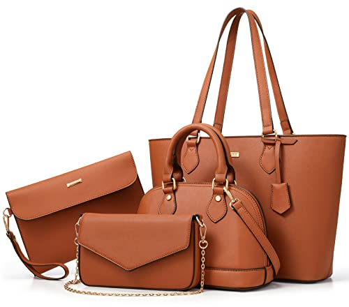 Bagsure Handtasche Damen Schultertasche Handtaschen Tragetasche Damen 4-teiliges Set für Büro Schule Einkauf Reise Geschenk (Braun)