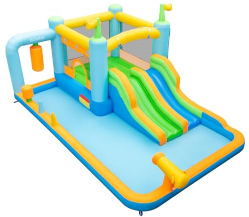 Maxmass Inflatable Bounce House, Kids Water Park with Dual Water Slides,Boxing Sandbag,Basketball Hoop, Jumping Area, Splash Pool, Water Cannon, Children Bouncy Castle for 3-10 Years Old