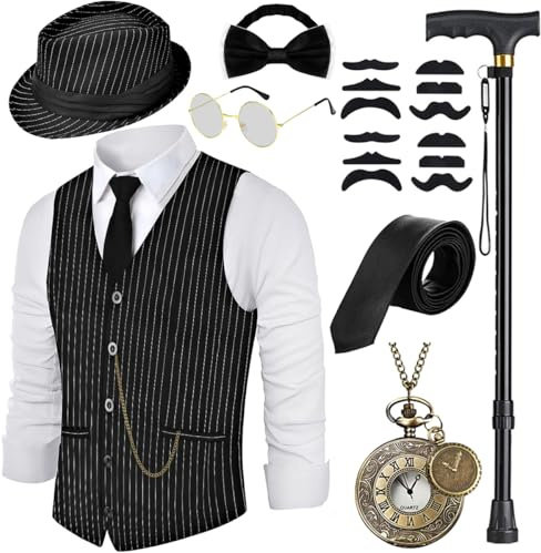 WILDPARTY 20er Jahre Kostüm Herren Weste mit Accessories, Faltbare Krücke Taschenuhr Bart Fedora Gläser, Krawatte, Fliege, für Mafia Kostüm 1920S Gangster Peaky Blinders Karneval Halloween Mottoparty