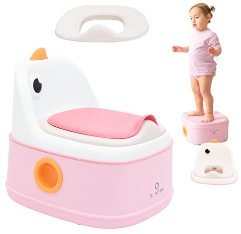 Olmitos - Orinal 3 en 1 infantil DINO de aprendizaje – 3 funciones Orinal, Reductor WC y Taburete - Vaso Extraíble, Antideslizante, Protección Contra Salpicaduras y Diseño Divertido – Versátil (Rosa)