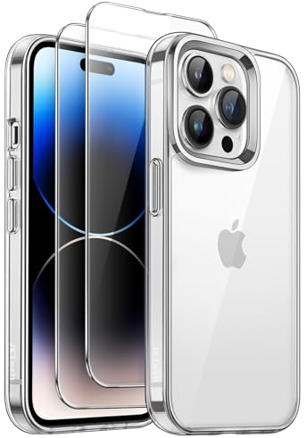 JETech 3 in 1 Case for iPhone 14 Pro 6.1-Inch with 2 Pack Tempered Glass Screen Protectors, Non-Yellowing Shockproof Bumper Phone Cover (Clear)