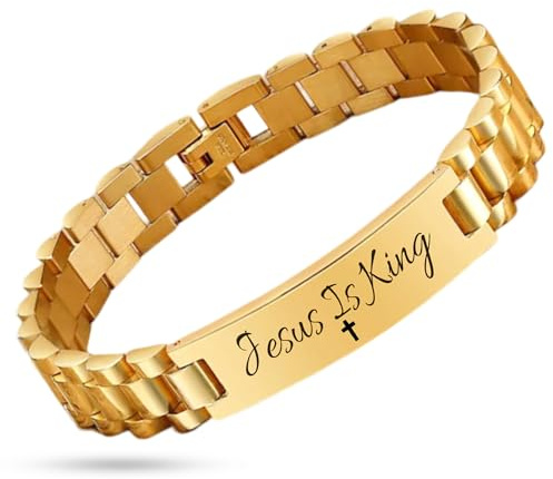 Product Maxx 18K Gold Plated Stainless Steel Cuban Link Bracelet – Jesus Is King Engraved, Adjustable ID Bracelet, 1/2 Inch Wide, Includes Mini Tool, Faith-Based Jewelry
