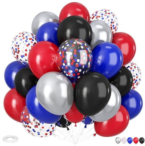 Red Blue Black Balloons, 12 Inch Red Black and Royal Blue Balloons, Metallic Silver and Blue Red Balloon Confetti Latex Balloon for Boys Cartoon Theme Birthday Party Decorations