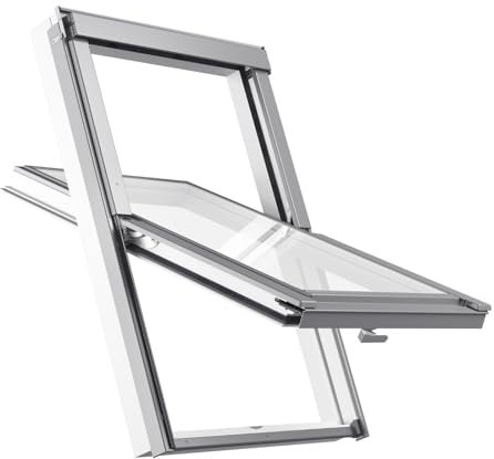 Dachfenster Set für VELUX Gruppe | Kunststoff Fenster RoofLITE+ 66 x 118 cm Kunststoff | Fenster mit 3-fach Verglasung | Schwingfenster inkl. Eindeckrahmen für Dachziegel, Ebene Ziegel (bis 50 mm)