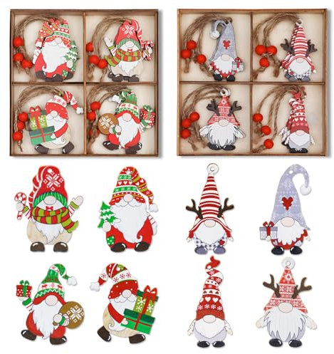 Feelhap Holzanhänger Weihnachten, 24 Stück Weihnachtsanhänger aus Holz Weihnachtsdeko Anhänger, Baumschmuck Christbaumschmuck Holz Weihnachtsanhänger Wichtel Set Bunte Bemalt Fensterhänger mit Schnur