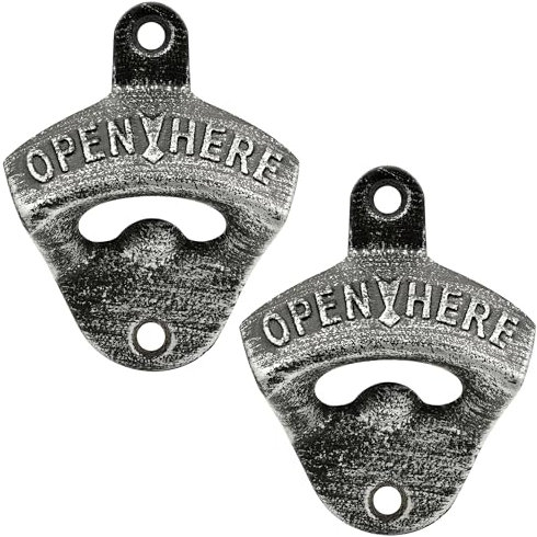 Luwanburg Cast Iron Bottle Opener Wall Mount Soda Beer Cap Opener OPEN HERE Antique Silver (Pack of 2)