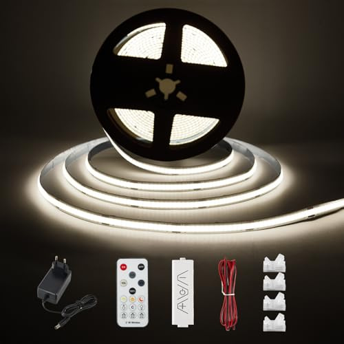 Enteenly COB LED Strip Weiß 3 Meter, Unterbauleuchte Lichtleiste Küche Unter Kabinett LED Licht Kit mit RF Fernbedienung für Vitrine, Küche, Schreibtisch, Regal, Schrank, mit 24V EU Adapter, 6500K