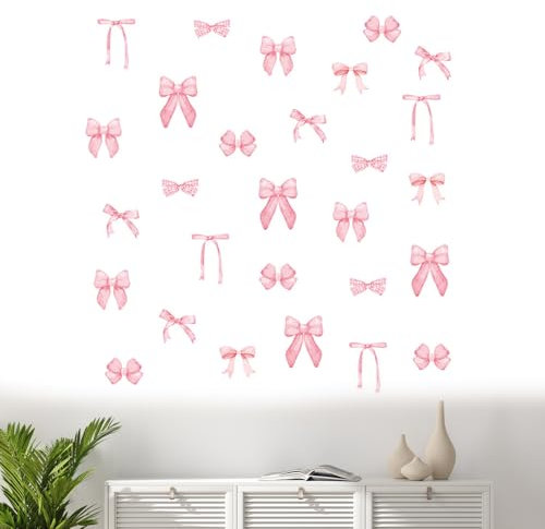 12 Sheets Pink Bow Wall Stickers, Watercolor Coquette Bow Knot Wall Decals for Valentine's Day Girls Bedroom Baby Nursery, 7.9 x 11.8 Inch