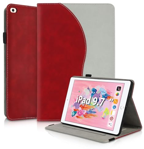 Succtopy Coque pour iPad 6ème/5ème génération 9.7 Pouces 2017/2018 /iPad Air 1/2 Étui en Cuir PU à Rabat avec Support Fonction Housse de Protection Ultra Fin avec Porte-Pencil iPad 6/5 Rouge