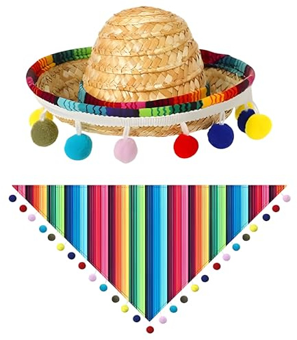 LaVenty Mexican Small Dog Costume Accessories Pet Cats Sombrero Hats | Hat Colorful Stripe Bandana Pet Scarf for Cinco De Mayo Fiesta Party Decorations