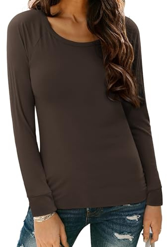 Terecey Women's T-Shirt Basic Cotton Long Sleeve Scoop Neck Casual Shirts Ladies UK Winter Stretch Loose Base Layer Top, Brown M