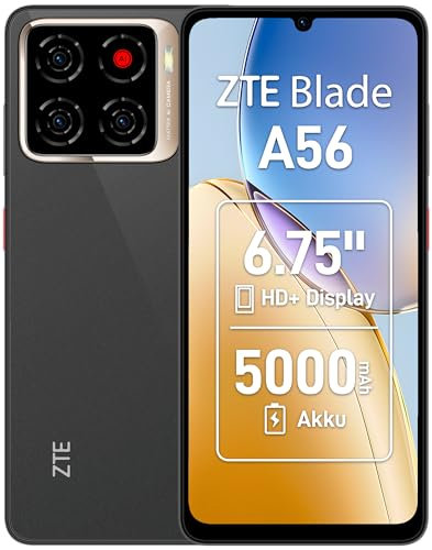 ZTE Blade A56 Android Smartphone senza contratto, nero (2025) + display HD + 6,75 pollici (90 Hz), 4G LTE, 4 GB RAM, 64 GB di memoria, fotocamera principale AI da 13 MP + fotocamera frontale da 8 MP