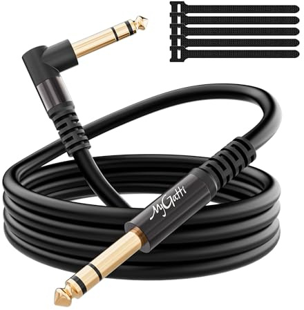 Mygatti 90 Grad 6,35mm auf 6,35mm Klinke Instrumentenkabel 2m, TRS Symmetrisches/Stereo Audiokabel, 1/4 Zoll Gitarrenkabel für Keyboard, Bass, Verstärker, Mixer E-Gitarre, usw. +5 Kabelbinder
