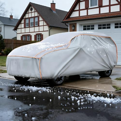 Hagelschutzplane Auto L, 5mm Eva-Verstärkte Hagelschutzgarage Wasserdicht & Atmungsaktiv, Vollgarage PKW Abdeckplane mit Reflektoren für SUV, Kombi(Silber, 480 * 193 * 145CM)