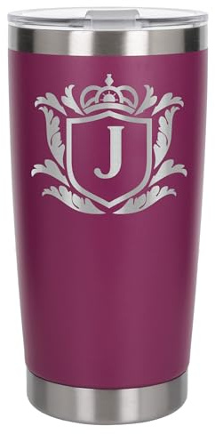 Customised Gifts 500ml Engraved Shield Initial Monogram Insulated Personalised Dark Pink Travel Mug for Men and Women - Personalised Initial Coffee Travel Mug for Hot and Cold Beverages, Letter J