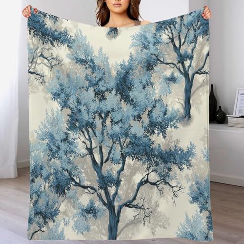 Flanelldecke, 130 × 150 cm Kuscheldecke für Couch, Blau Warm Decke, Wald Pflanzen leichte weiche gemütliche All Seasons Lounge Wohnzimmer-Deko-Decke, 3D Äste Einer Eiche Wohndecke
