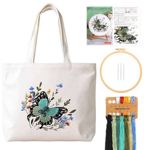 JSRQT Schmetterling Canvas Tote Bag Stickerei Set, Vorgedrucktes Kreuzstich Anfängerset Blumenmuster für Erwachsene, DIY Handarbeit Sticken Set für Bastelfreunde, inklusive Anleitung, Nadel und Faden