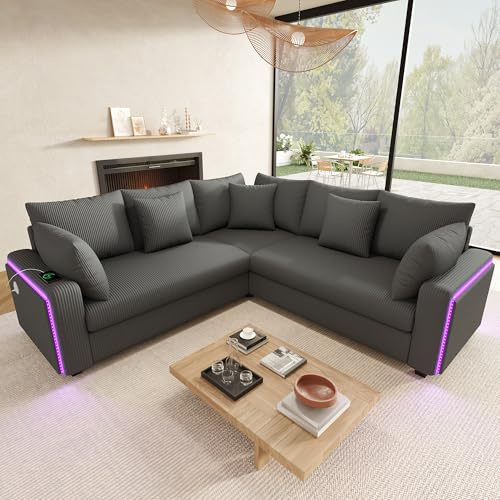 staronce Ecksofa L-Form mit LED & USB – Cord Sofa mit Bluetooth-Licht & Ladeanschlüssen | L-förmiges Sofa für 4-5 Personen | Wohnlandschaft mit 5 Kissen & modernem Design, Grau