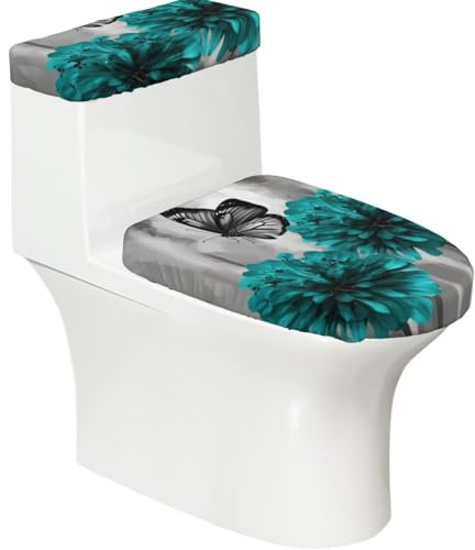 Gray Teal Flower Butterfly Toilet Lid Cover and Toilet Tank Cover Set, Washable Soft Toilet Seat Cover with Elastic Bottom, Universal Stylish Toilet Cover Set for Bathroom Decor Accessories