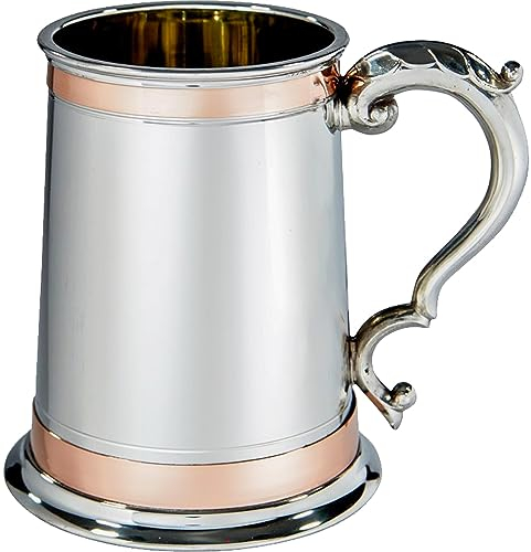 I LUV LTD Étain Chope 1 Pinte avec Double Bande de Cuivre et Poignée de Défilement Pur Lourd Jauge Bière Chope Possibilité de Gravure Cadeaux Personnalisés pour Hommes et Femmes