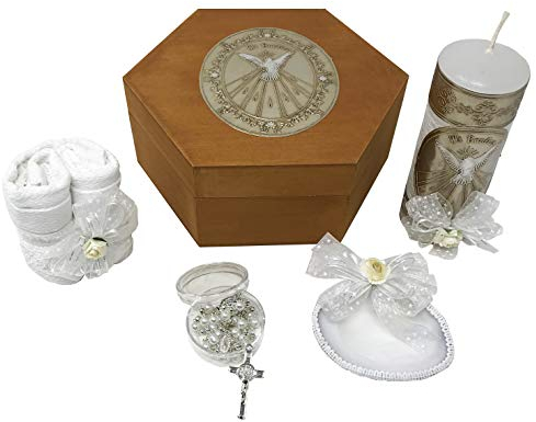 Katholisches Taufset in einer Holzkiste mit Handtuch, Kerze, Rosenkranz und Muschel für Babys, Jungen und Mädchen, handgefertigt in Mexiko, Geschenk für Paten, Taufkerze, Set de Bautizo