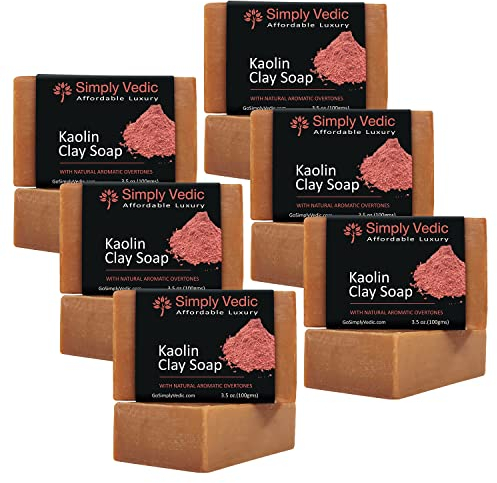 Simply Vedic 6er Pack Pink Kaolin Clay mit Rose Seifenriegel aus ätherischem Öl für Körper, Hand, Gesicht. 100% vegan kaltgepresst mit Kokosöl, handgemacht (3,5 Unzen x 6)