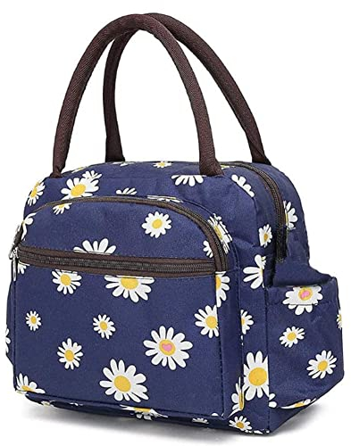 Large Capacity Lunch Bag, Picaru Meal Prep Bag Durable Waterproof Lunch Bag with Bottle Holder Stainless Steel Straws for Women Adults Girls, 9.4×3.9×8.3 inches/24×10×21 cm (Flower)