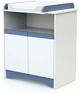 AT4 - COTILLON Wickelkommode Weiß und Blau | 2 Türen, 1 COTILLON-Nische aus Holz | Abnehmbares Wickelbrett im Lieferumfang enthalten
