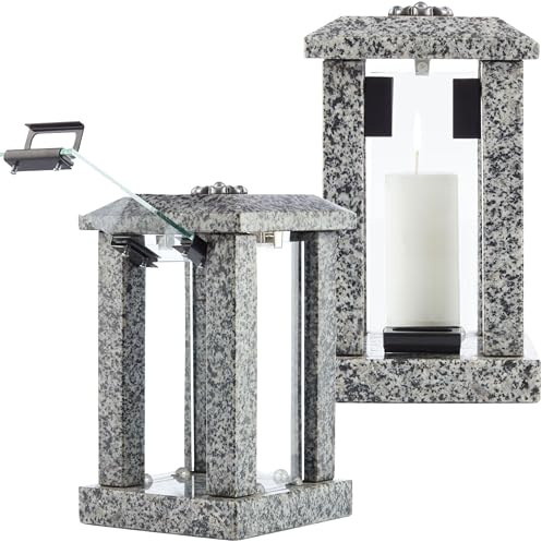 Large Granite Candle Lantern With Flower Decor – H 22.6 (32cm) Polished Grey Stone - Heavy & Elegant Indoor or Outdoor Lantern, Versatile Use for Garden, Terrace, or Home - Square Modern Design