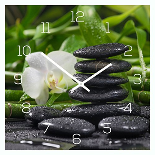 levandeo Wanduhr Alu-Dibond 30x30cm Uhr Alubild Bambus FengShui Wellness Deko Aluminium Yoga Orchidee