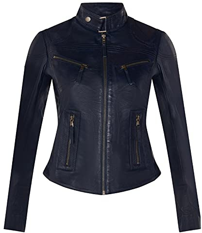 Women's Classic Navy Real Leather Biker Moto Fashion Slim Fit Jacket L