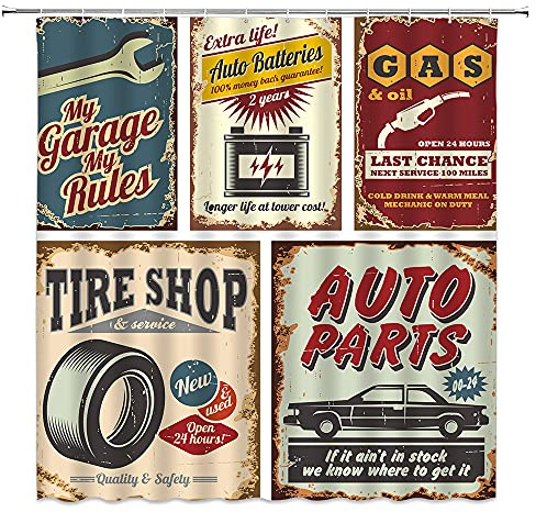 FILMILIL Auto Duschvorhang 1950er Retro Country Garage Antik Auto Zubehör Amerikanische Poster Nummernschild Nostalgie Brief Badezimmer Dekor Vorhänge Polyester Stoff (rot, 178 x 178 cm)