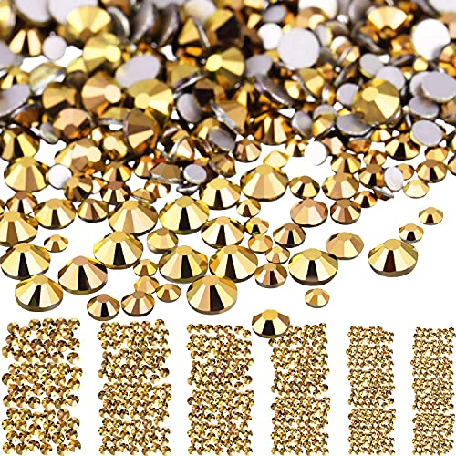Quesuc 3456 Pieces Nail Crystals AB Nail Art Rhinestones Round Beads Flatback Glass Charms Gems Stones 6 Sizes for Nails Decoration Makeup Clothes Shoes (Gold Mixed SS4 5 6 8 10 12)