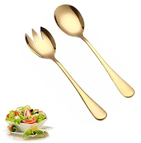 2 Pièces Couverts à Salade, Ensemble de Service à Salade en Acier Inoxydable, Doré Cuillères à Dessert et Fourchettes Set, Glace Cuillère Fruits Fourchette pour Repas Quotidiens