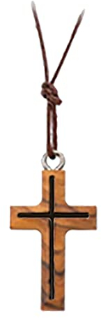 Fritz Cox Olivenholz-Anhängerzum umhängen mit Kordel | natürliches Olivenholz | Kette für Kinder, Mädchen, Jungen, Fraun und Männer (Kreuz graviert)