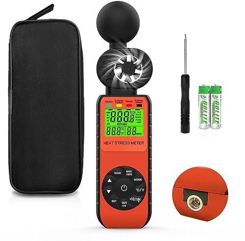 Windmesser Windmessgerät WBGT 881W Heat Stress Meter mit Feuchtkugeltemperatur, Gefahrenpegelanzeige, akustischem Alarm, Raumtemperatur/-feuchte