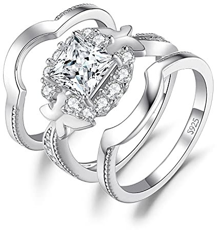 JewelryPalace Schmetterling Prinzessschliff 1.5ct Zirkonia Halo Promise Ring Damen, Verlobungsring Silber 925 Frauen, Hochzeitsring Simulierter Diamant Vorsteckring Trauring Ehering Stapel Set Band 51