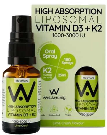 WELL ACTUALLY Liposomal Vitamin D3 2000 IU + K2 MK-7 100mcg Oral Spray | Vegan Vit D3 K2 Supplement, Immune, Bone & Muscle Support, 180 Sprays, Lime Crush Flavour