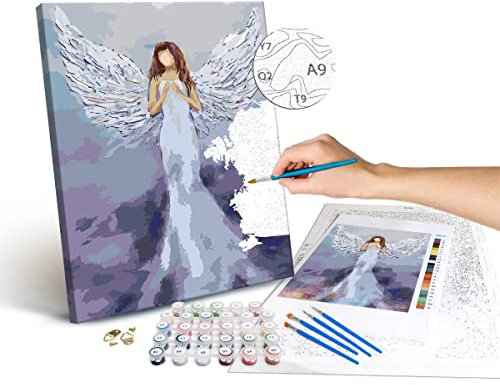 PAINTEREE DIY Set | Malen nach Zahlen Erwachsene | Violetter Engel von Irena | Eingerahmt auf einem Holzrahmen mit Pinsel und Acrylfarben Set